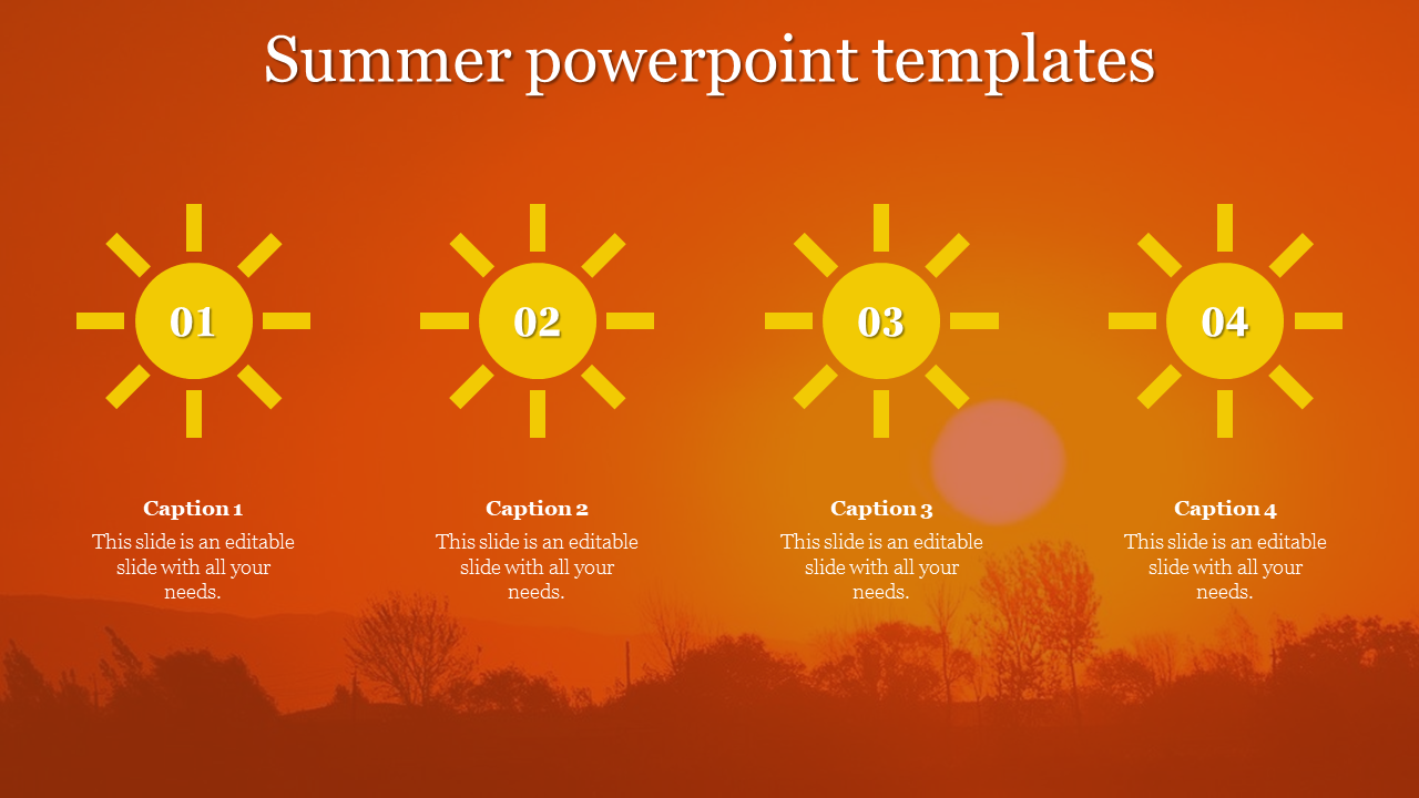 Summer slide featuring a warm orange background and four numbered sun icons, each with placeholder text areas.