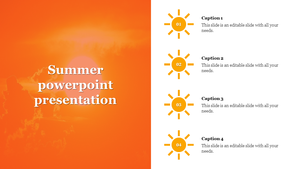 Summer themed slide with an orange background featuring a sun graphic and four captions on the right.