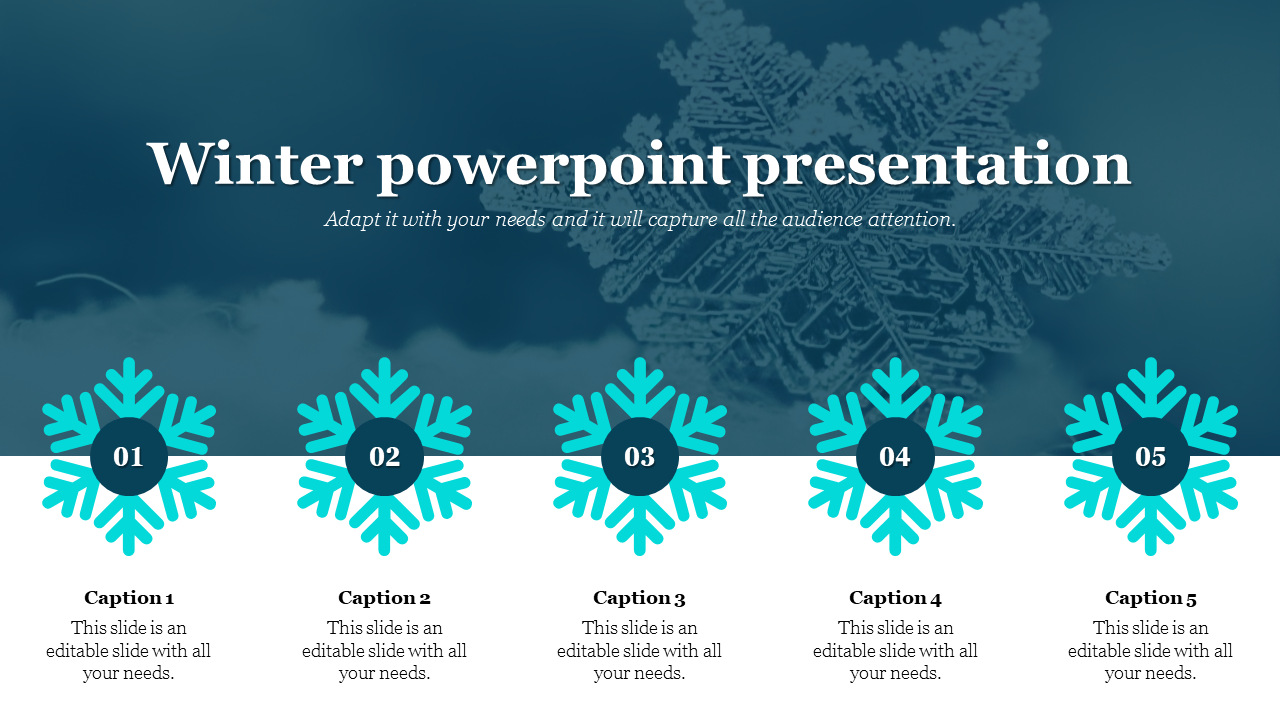 Winter PowerPoint template featuring snowflakes with captions for each section on a split backdrop.