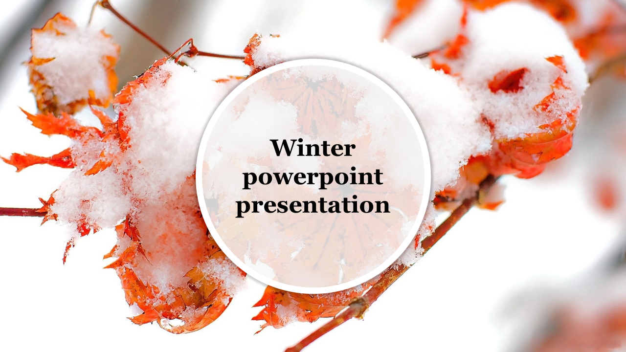 Winter slide design with bright orange leaves under fresh snow and a circular text placeholder in the center.