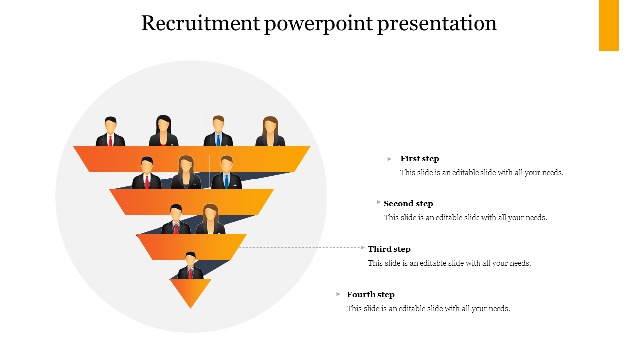 Recruitment PowerPoint slide showing a funnel with four steps and figures representing candidates at each stage.