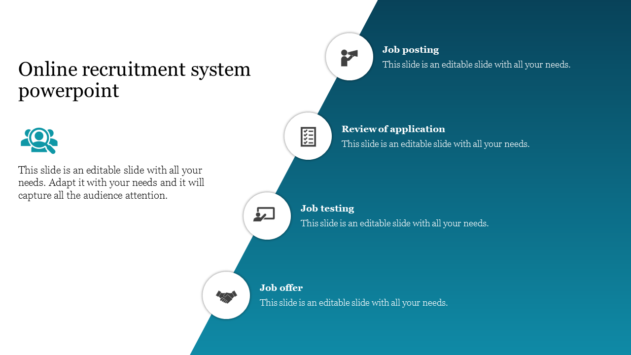 Recruitment flow diagram with a diagonal split background, showing key steps from posting a job to extending an offer.