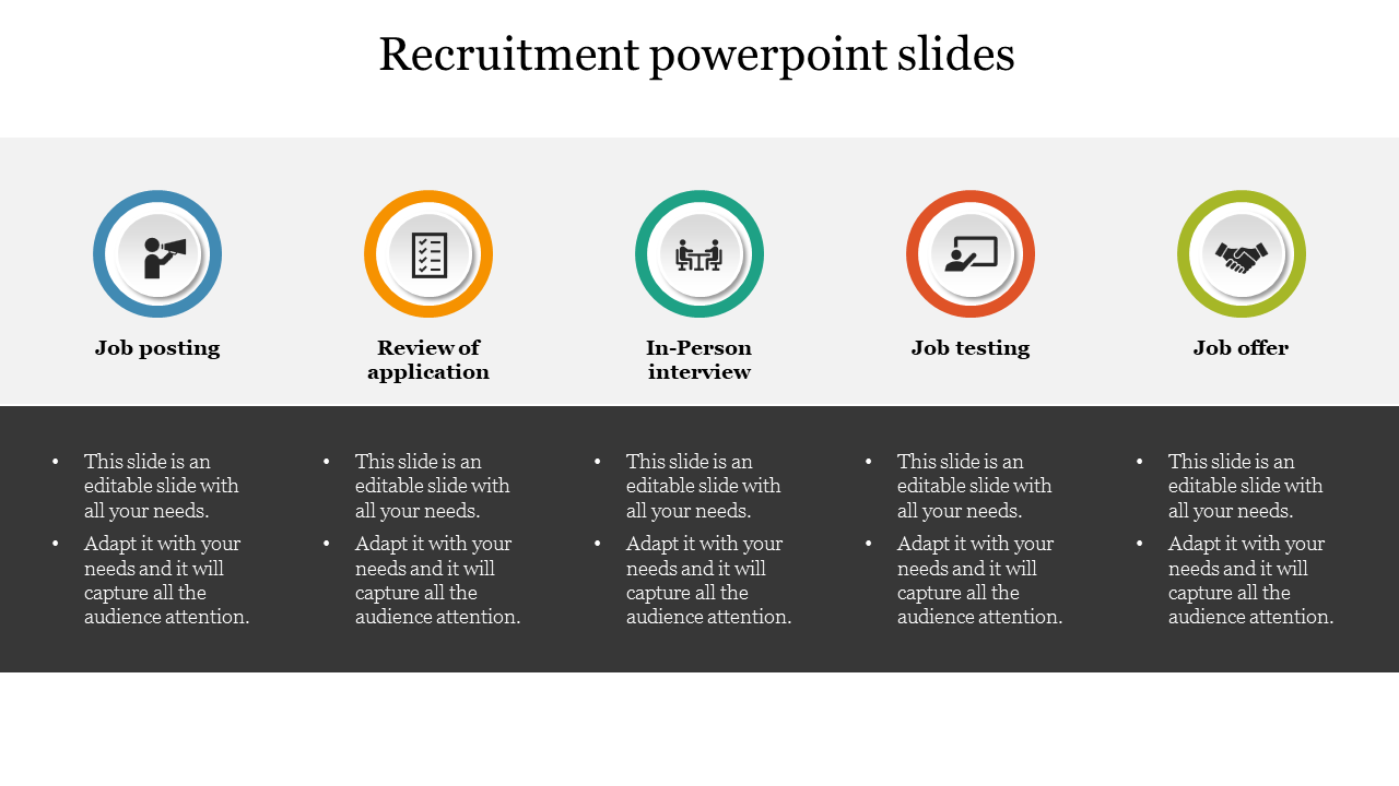 Slide with five colored circular icons in blue, orange, teal, red, and green, and corresponding labels for recruitment steps.