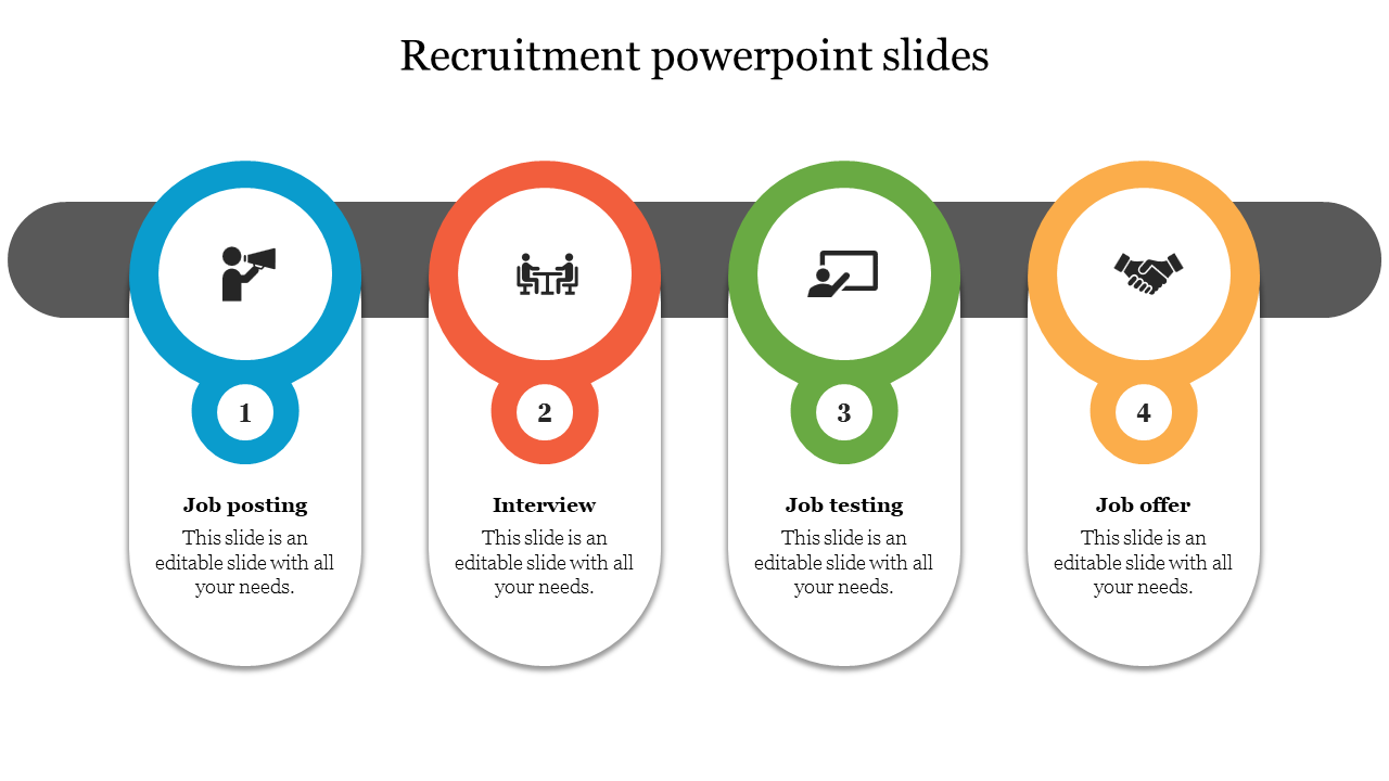 Recruitment PowerPoint slide showing a four step process job posting, interview, job testing, and job offer with icons.