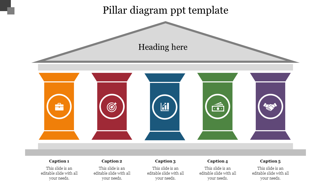 Pillar slide with five colorful columns in orange, red, blue, green, and purple, under a roof structure, each with icons.