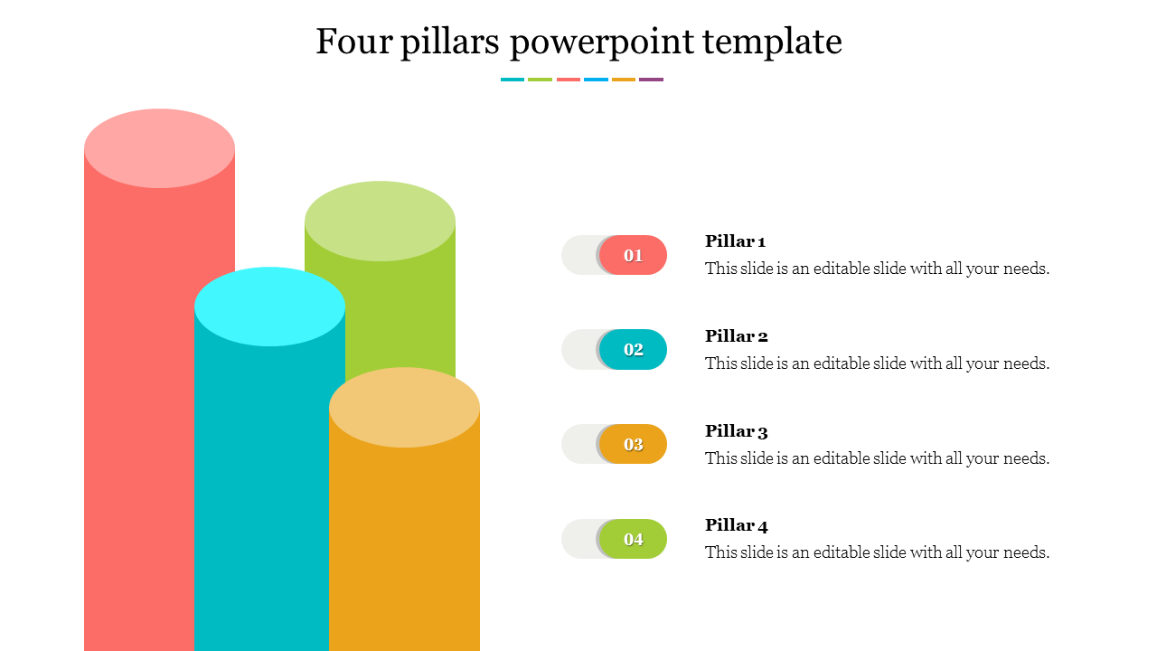 Four colorful 3D pillars in red, blue, green, and yellow, with corresponding numbered labels and text on the right.