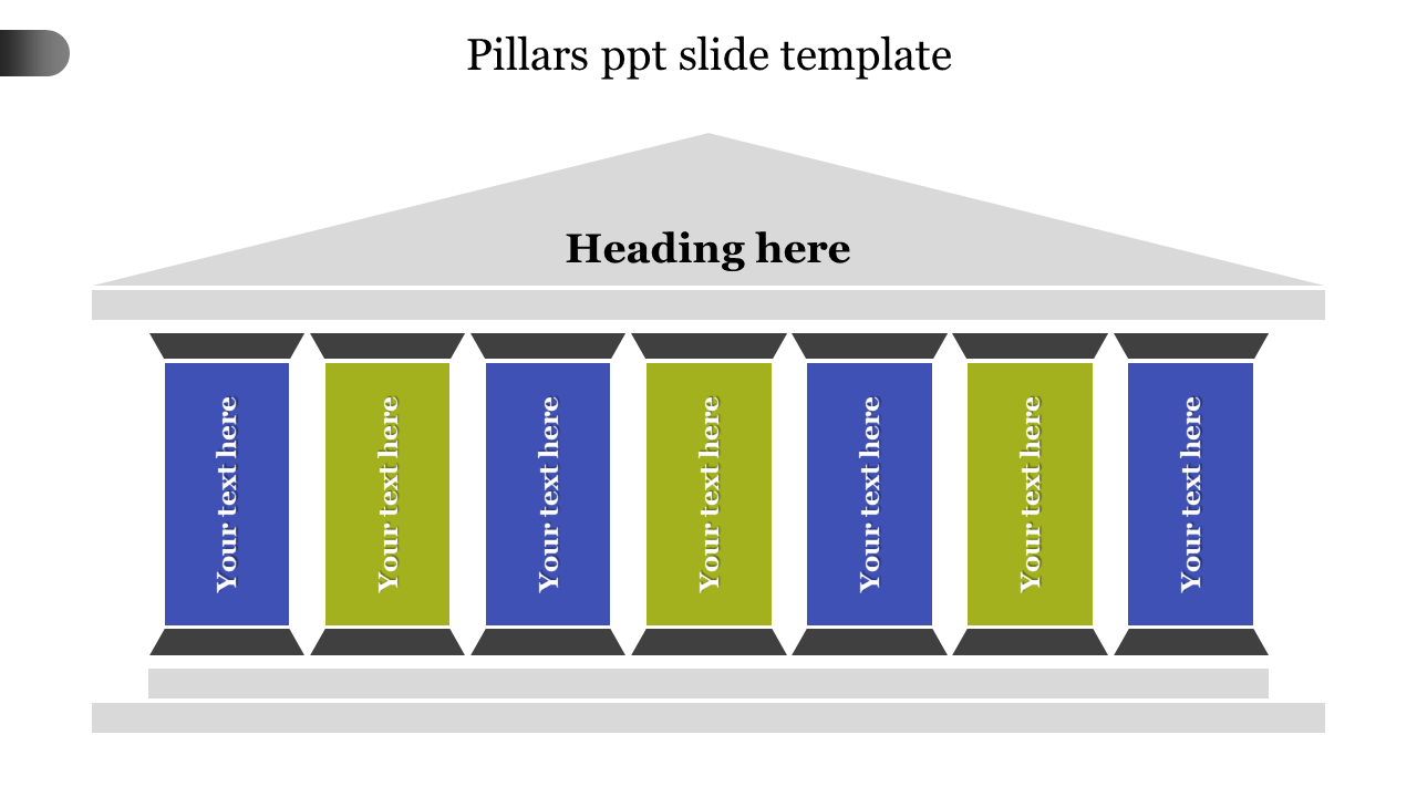 Slide with a building structure featuring seven alternating blue and green pillars below a gray roof.