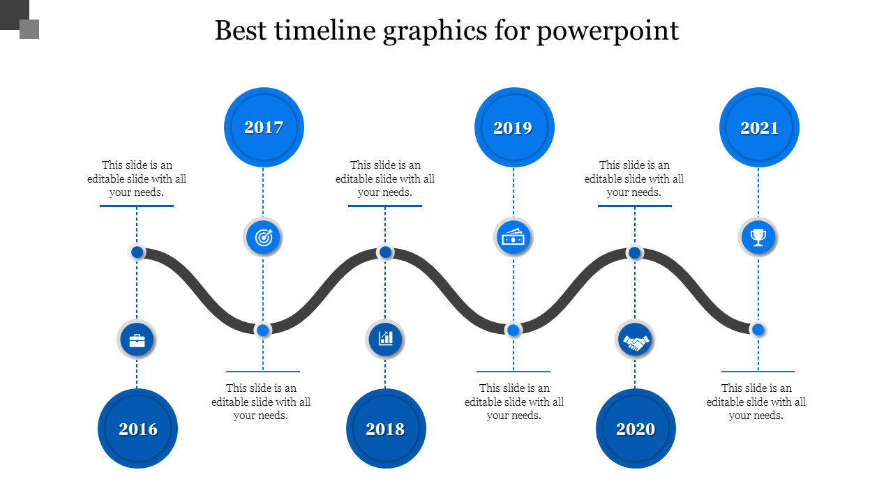 Blue themed timeline graphic slide with interconnected circular nodes for 2016 through 2021, connected by a wavy line.