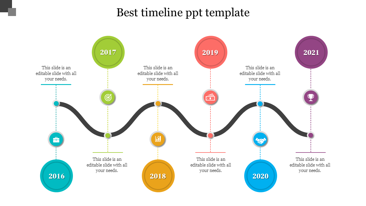 A curved timeline with colorful circles marking the years 2016 to 2021, each with corresponding icons and captions.