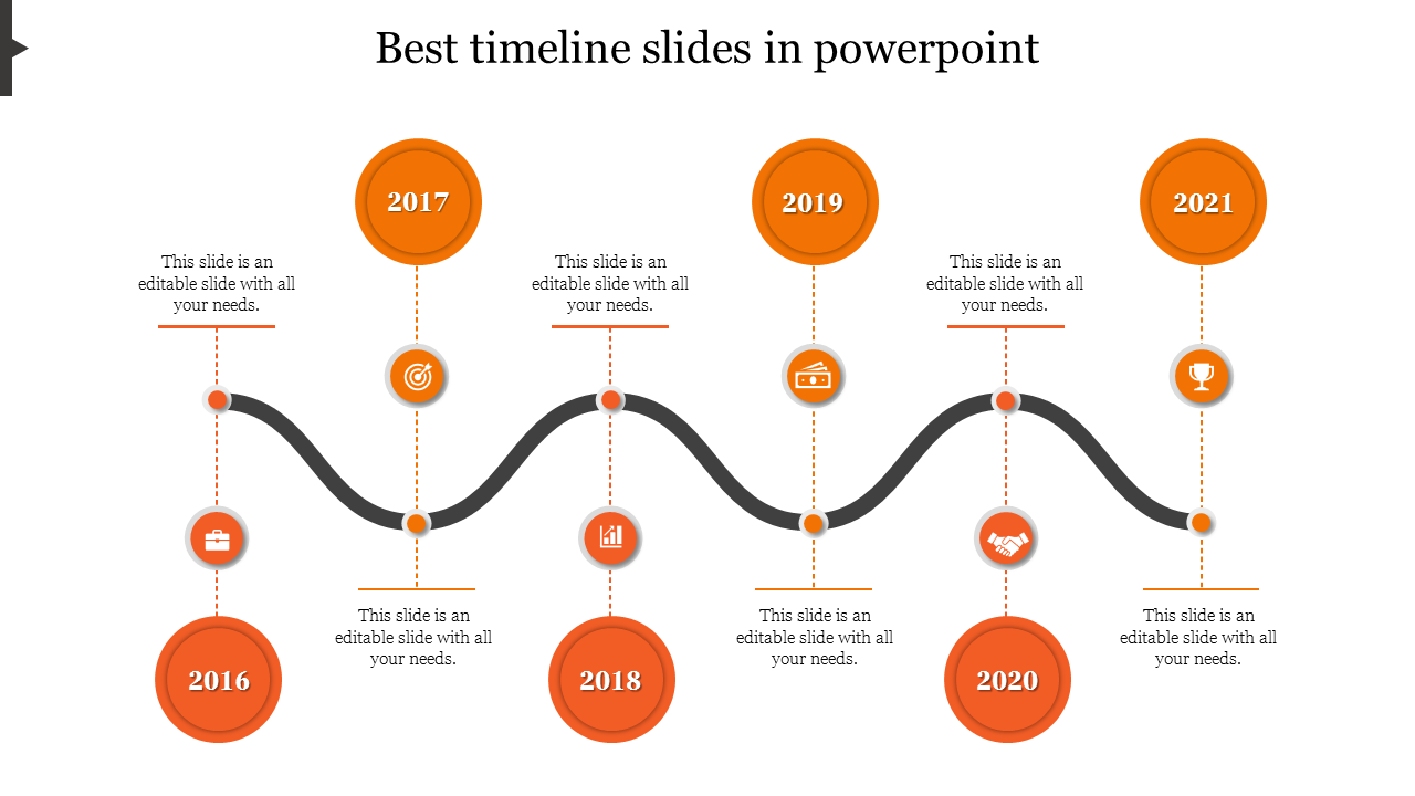 Timeline with orange circular markers for each year, connected by a curved line, spanning from 2016 to 2021.