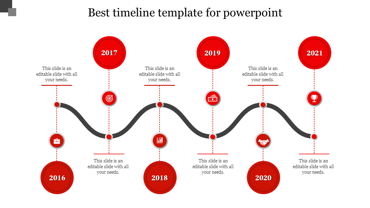 Timeline slide with a wavy line connecting red circles labeled from 2016 to 2021, showing key events.