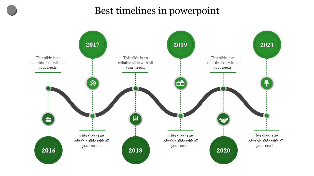 Best timeline PowerPoint template showcasing milestones for 2016 to 2021 with green circular icons with placeholder text.