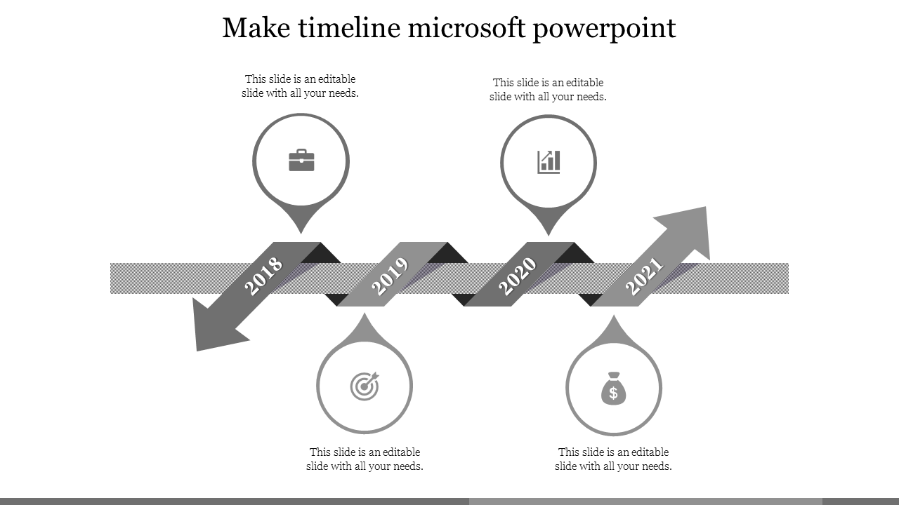 Gray timeline with arrow markers and icons for each year, spanning from 2018 to 2021, with a connecting line.