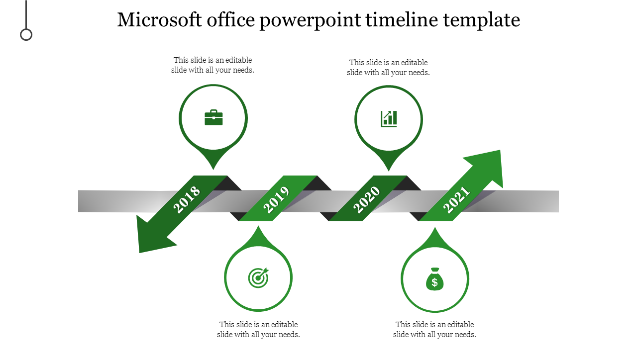 Microsoft Office timeline template with green year arrow markers from 2018 to 2021 and related business icons.