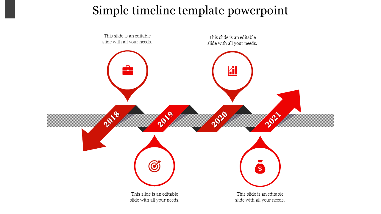 Microsoft Office timeline template with red year arrow markers from 2018 to 2021 and related business icons.