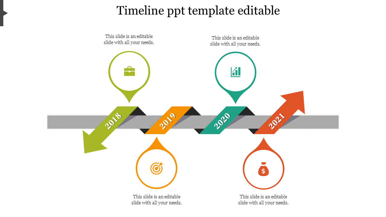 Horizontal timeline with circular icons in green, orange, teal, and red, paired with matching arrows rolled on a gray rod.