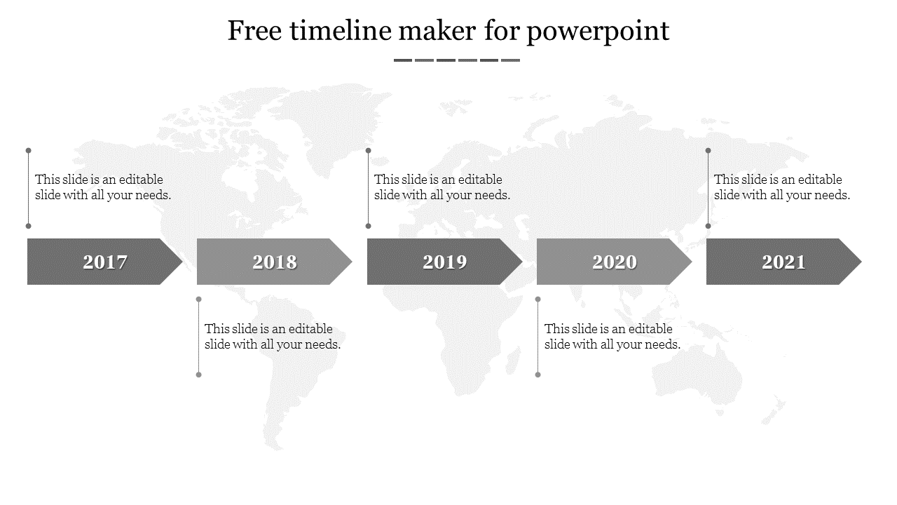 Horizontal timeline with five gray arrow markers for each year from 2017 to 2021, on a world map background.