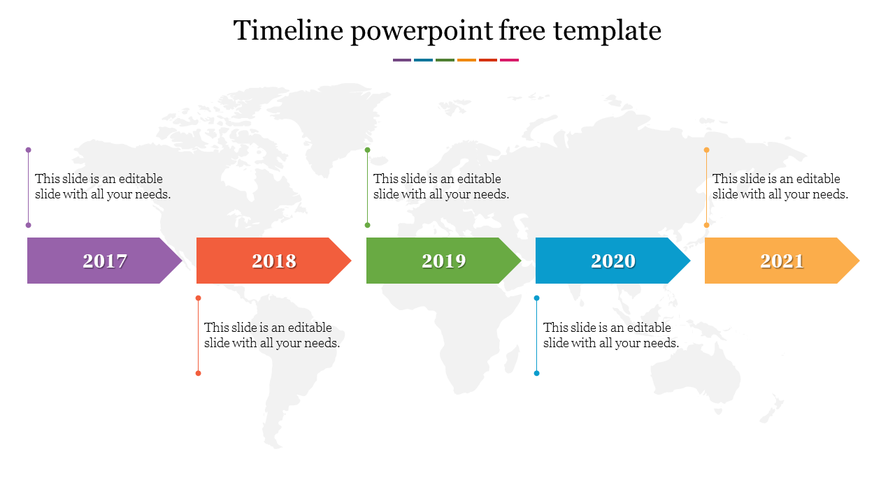 Timeline PowerPoint template showing years from 2017 to 2021 with colorful arrows and placeholder text.