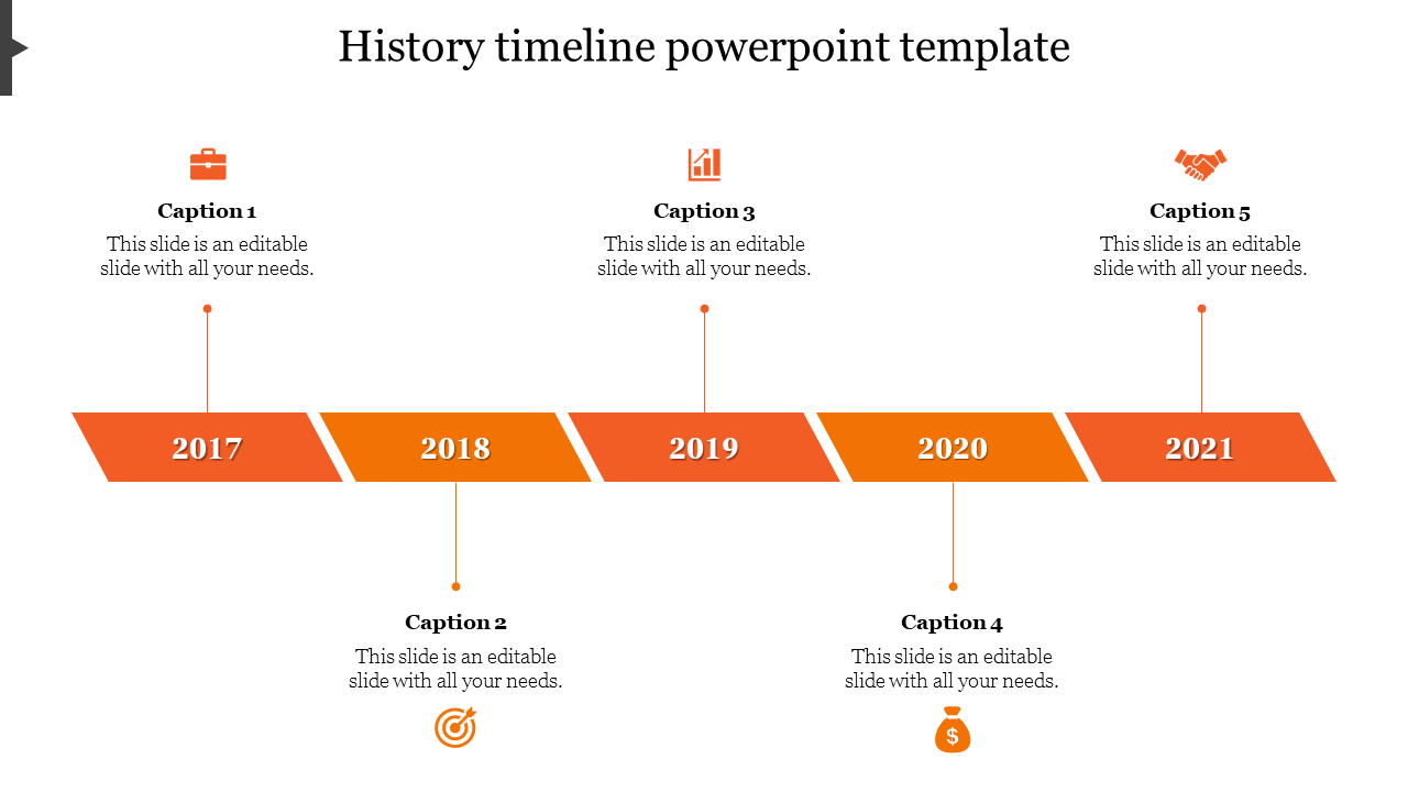 Timeline slide with an orange bar displaying years from 2017 to 2021, each linked to icons and captions.