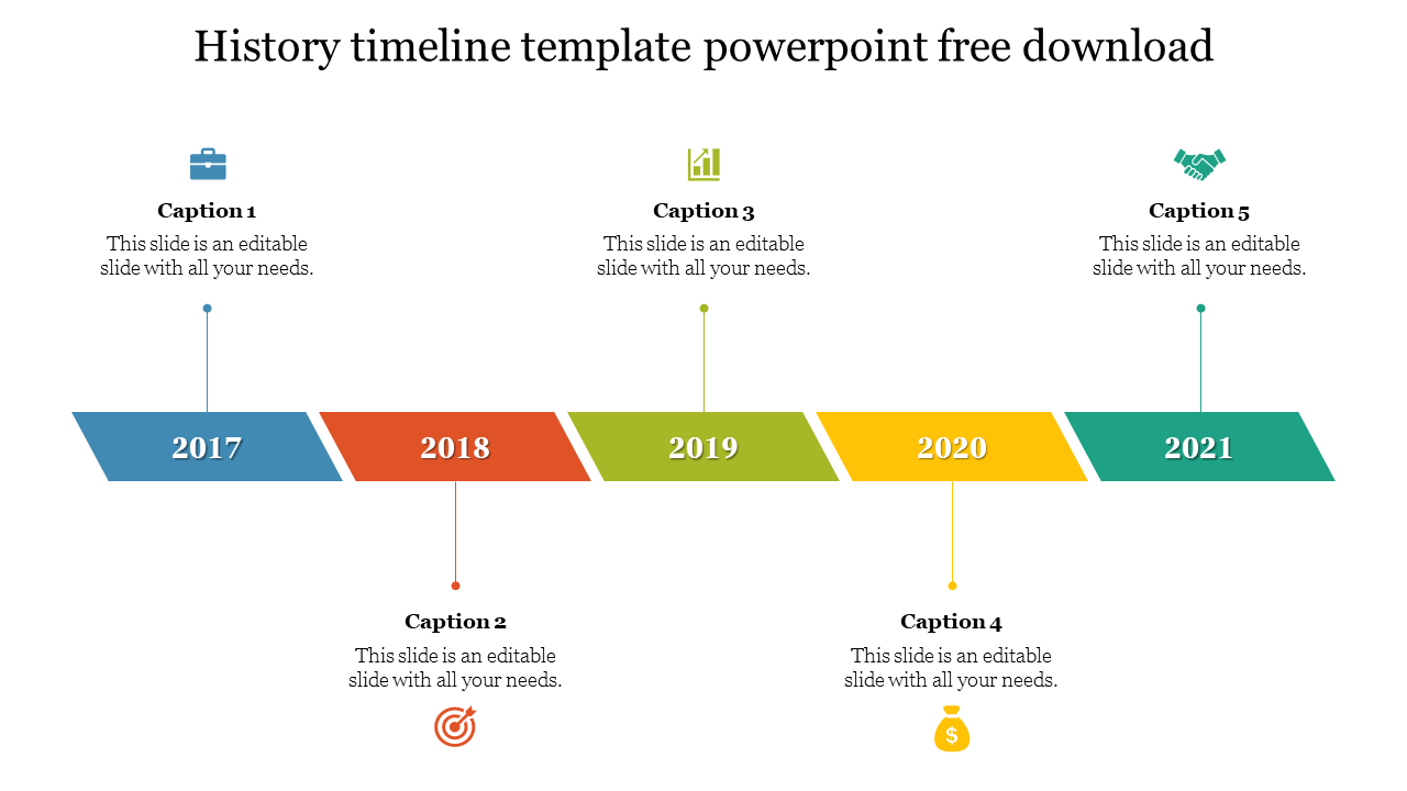 Colorful timeline slide displaying years from 2017 to 2021 with text captions and icons for each year.