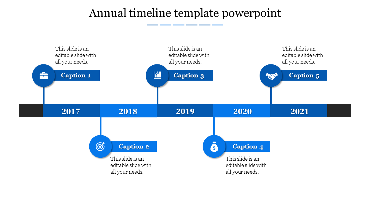 Blue themed annual timeline slide showing milestones from 2017 to 2021 with five captions for each year.