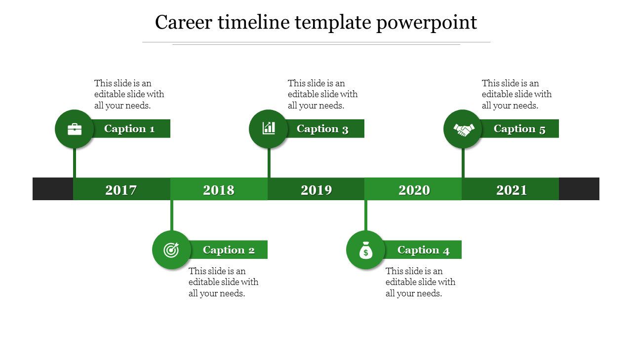 Career timeline slide showing years 2017 to 2021 with green icons and captions marking career achievements with text area.