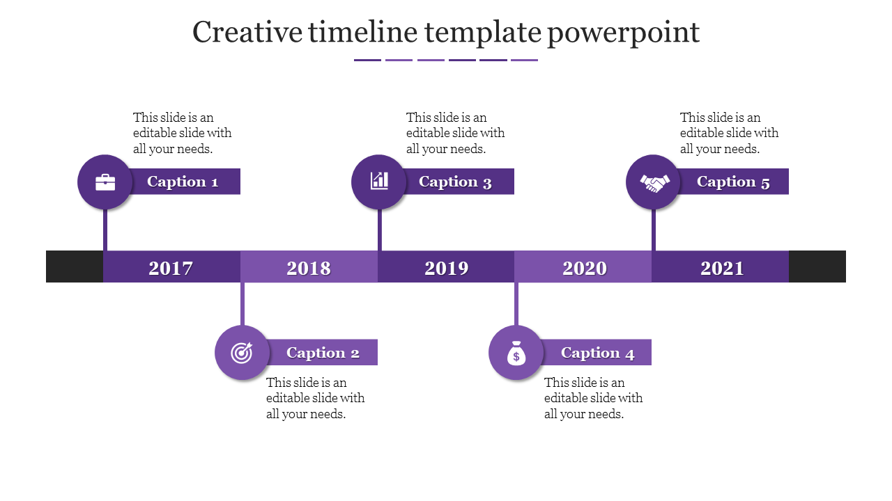 Timeline with purple circular markers representing the years 2017 to 2021, each connected by a horizontal line.