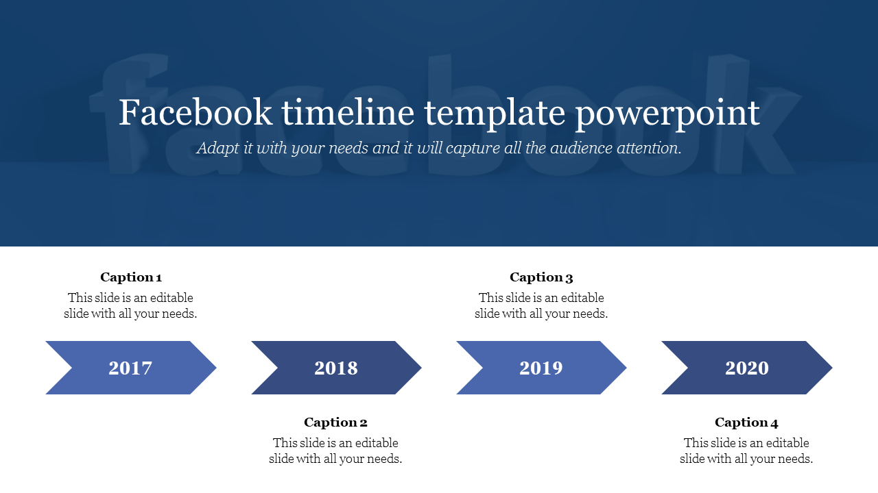 Facebook timeline slide with a horizontal arrow timeline marking 2017 to 2020, with space for captions below each year.