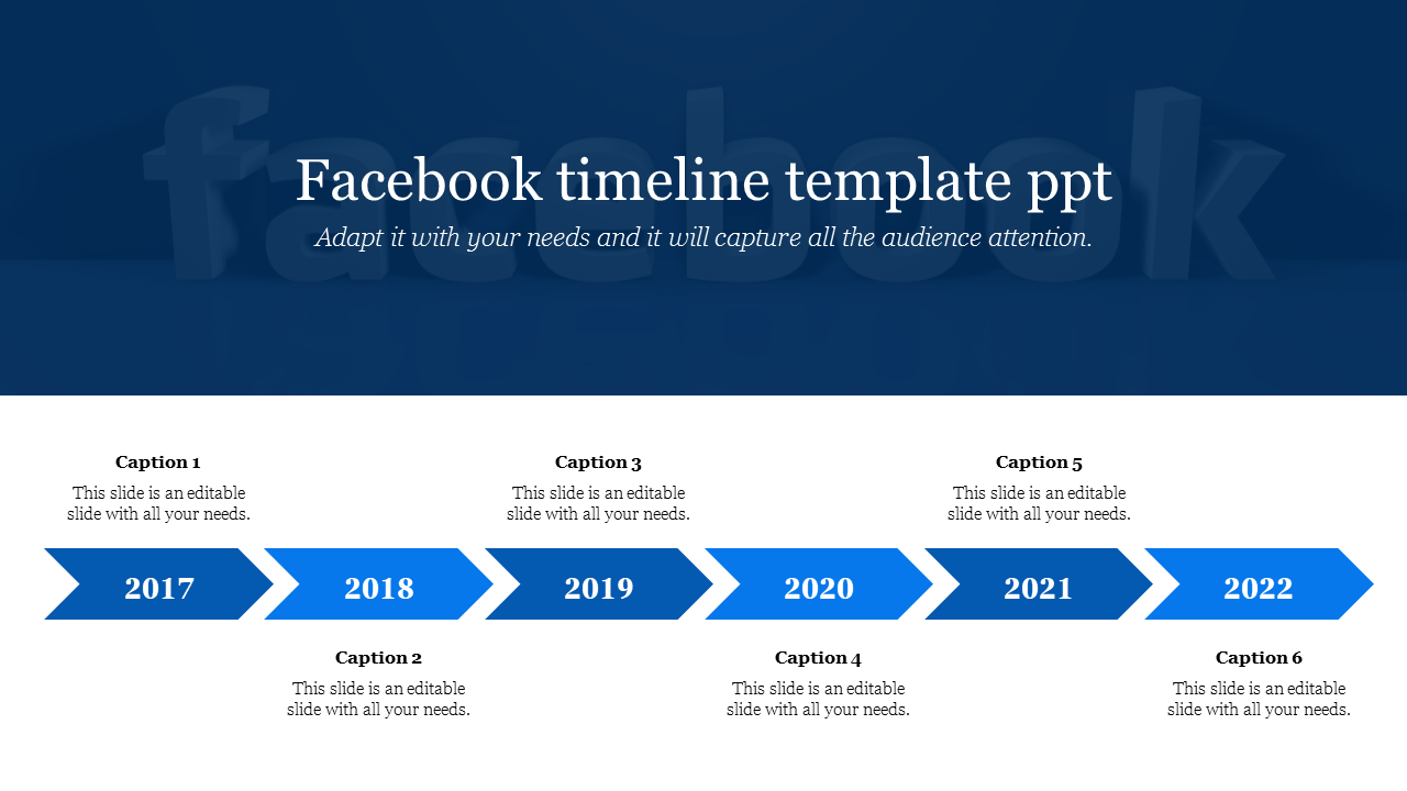 A slide featuring a timeline from 2017 to 2022 in blue arrows, with caption area and a faint Facebook logo in the background.