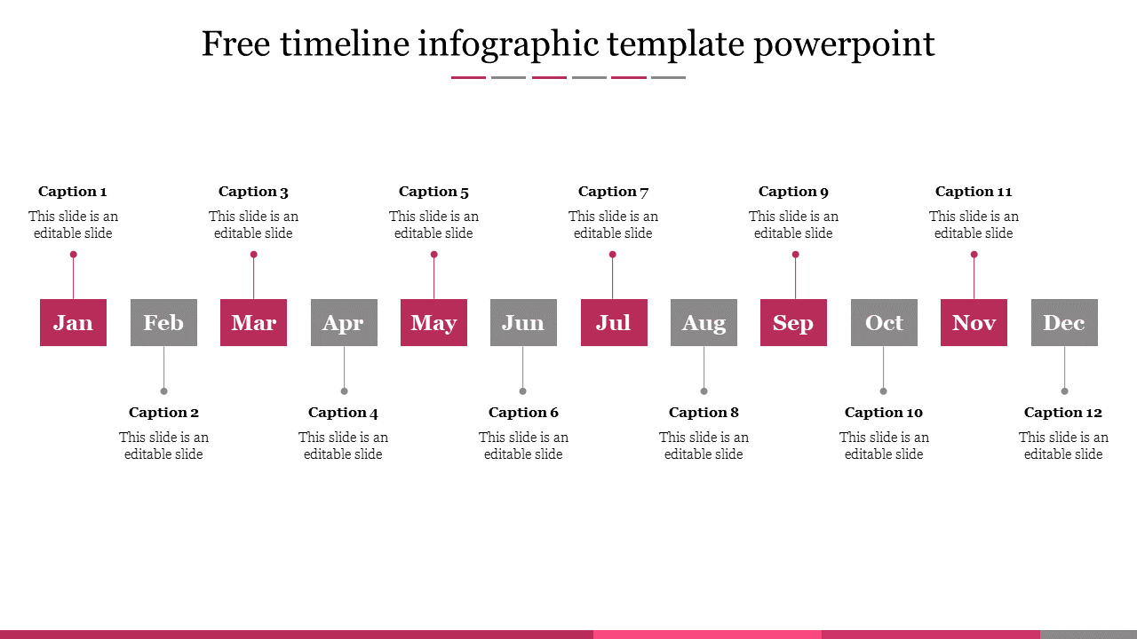 Horizontal timeline infographic with twelve months labeled from January to December and placeholders for captions.