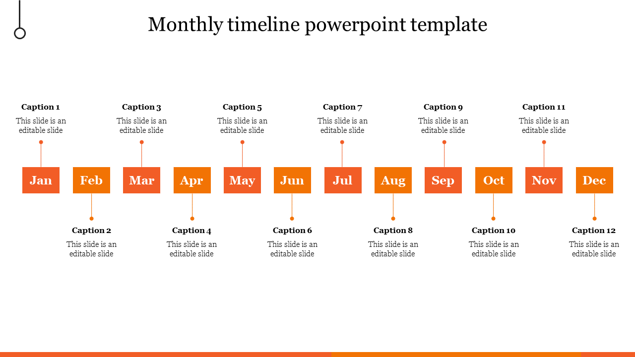 Monthly timeline with twelve orange boxes, arranged horizontally with captions above and below.