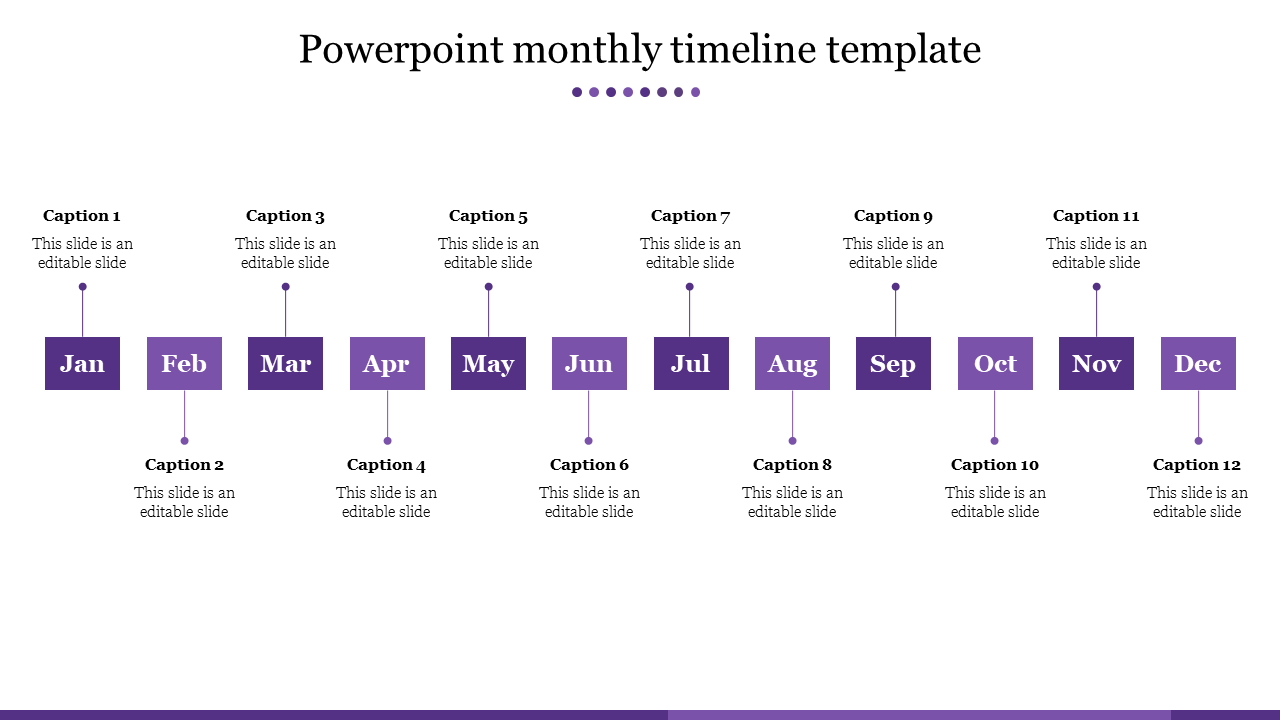 Monthly timeline slide showing months from January to December with purple boxes and captions for each month.