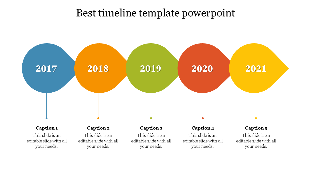 Timeline with five colorful teardrop shaped markers in blue, orange, green, red, and yellow, marking the years 2017 to 2021.