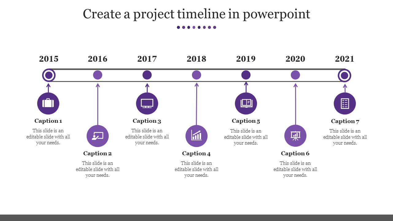 Project timeline PPT slide from 2015 to 2021 with purple icons and milestone markers with captions on a white backdrop.