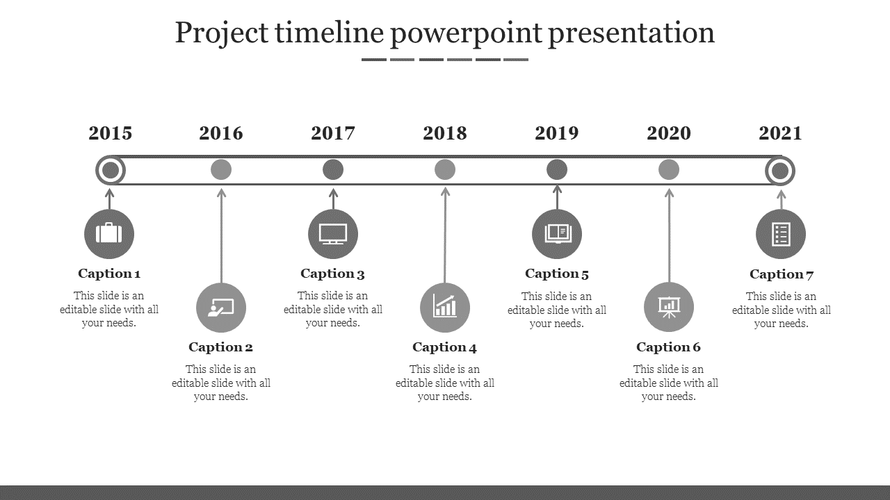 Horizontal black-and-white timeline from 2015 to 2021, with icons and placeholder area below each year.