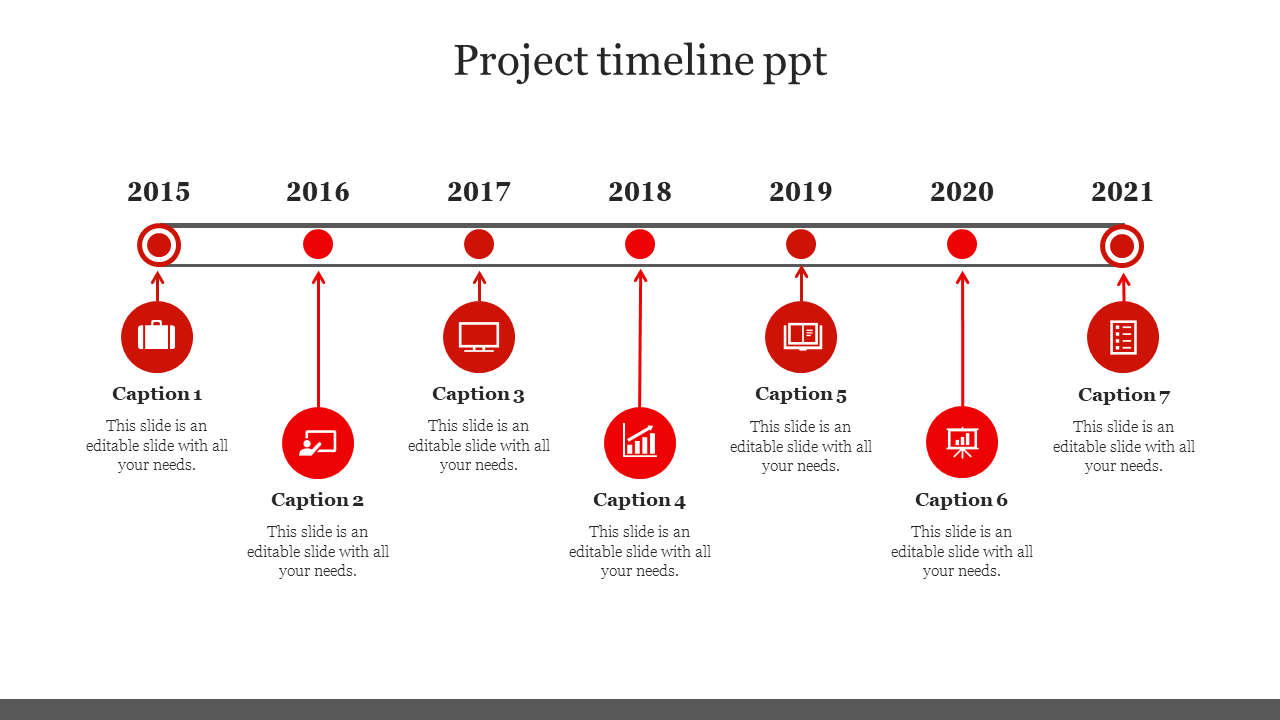 Timeline with red circular markers for 2015 to 2021, each year connected by a line with arrows pointing up.