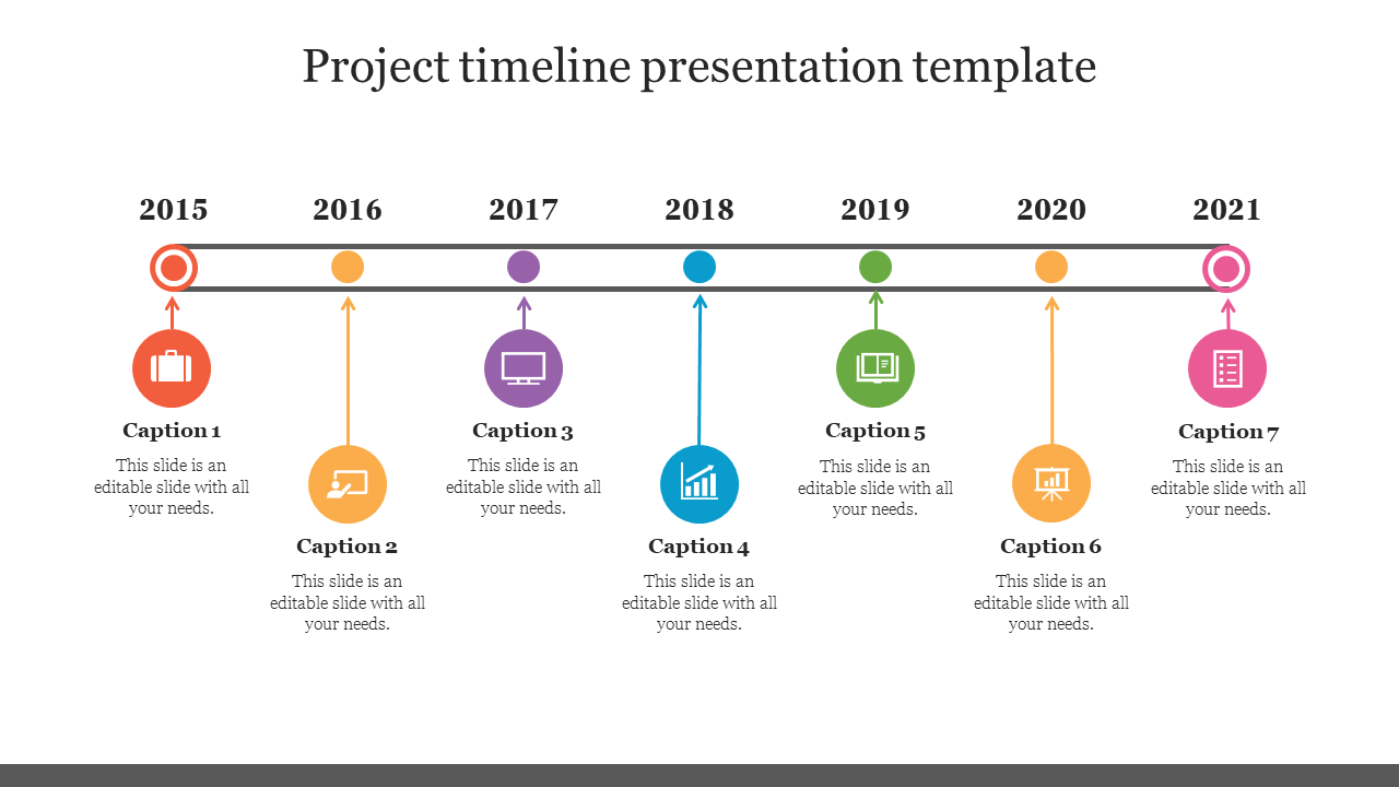 Horizontal timeline with seven colorful circular icons linked with arrows, representing 2015 to 2021 on a white background.