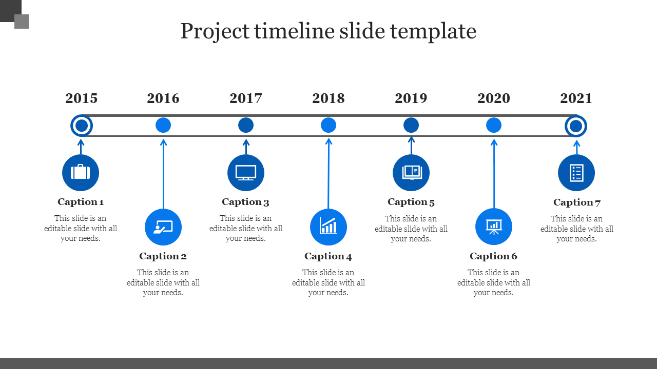 Project timeline PPT slide from 2015 to 2021 with blue icons and milestone markers with captions on a white backdrop.