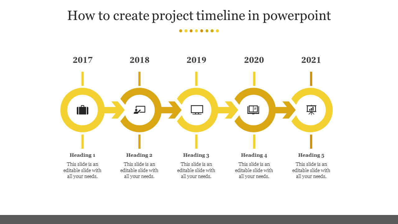 PowerPoint slide showing a project timeline from 2017 to 2021 with yellow arrow connectors and milestone headings with icons.