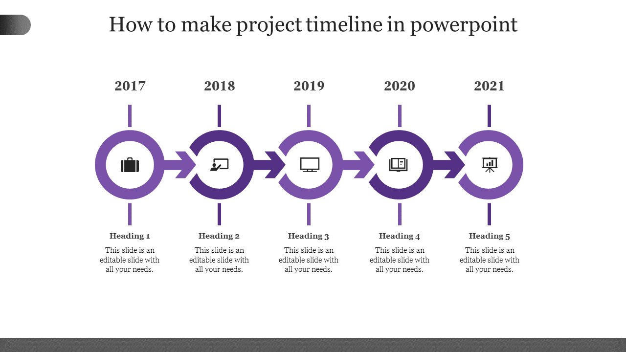 Purple themed timeline with five circular icons, featuring arrows linking the years 2017 to 2021.