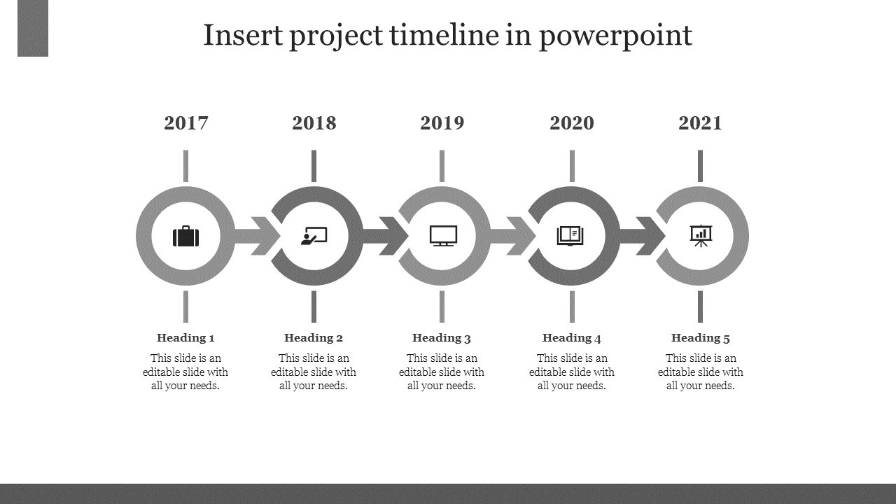 PowerPoint slide showing a project timeline from 2017 to 2021 with grey arrow connectors and milestone headings with icons.