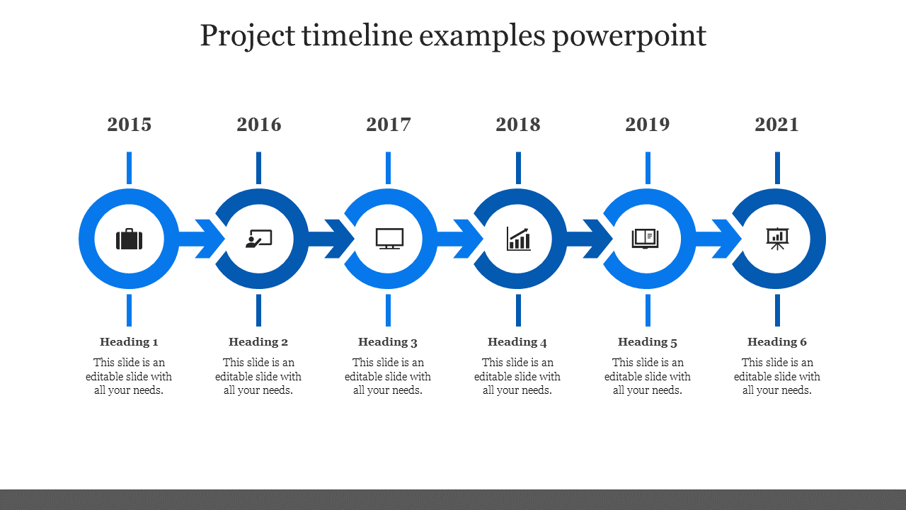 Sequential timeline diagram showcasing six key milestones, represented by blue circles, arrows, and icons for each year.