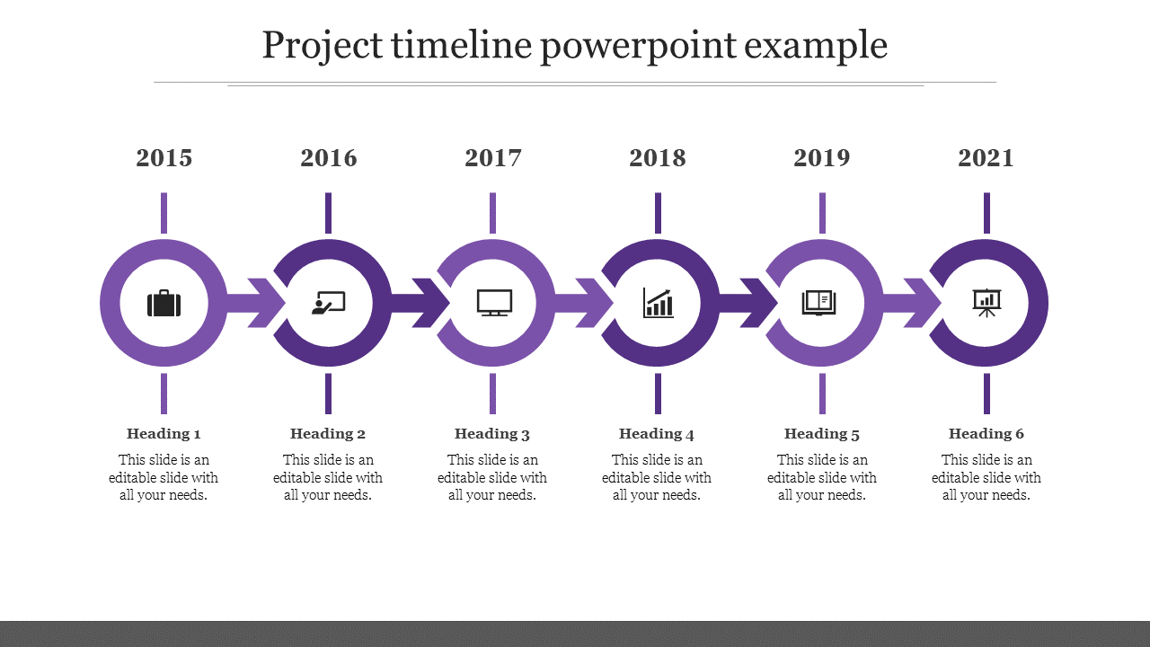 Project timeline slide showing key milestones from 2015 to 2021, with purple icons and headings for each year.