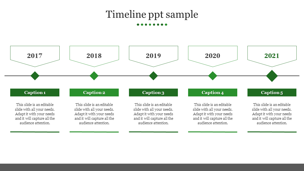 Timeline featuring diamond shaped year markers for 2017 to 2021, each with green accents, connected by a line.