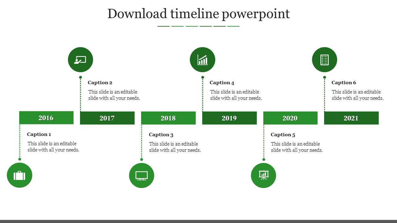 Timeline PowerPoint slide from 2016 to 2021 with captions and green icons with placeholder text on a white backdrop.