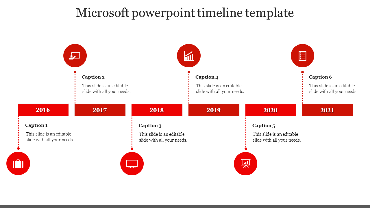 Horizontal layout featuring a timeline with six years, on red blocks and icons symbolizing each period.