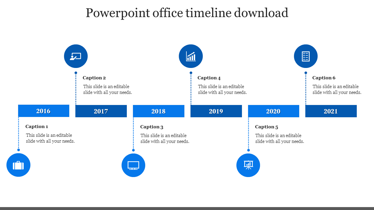 A timeline slide illustrating key events from 2016 to 2021, featuring icons for each year and captions for descriptions.