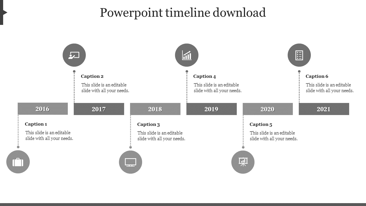 Timeline PowerPoint slide from 2016 to 2021 with captions and grey icons with placeholder text on a white backdrop.