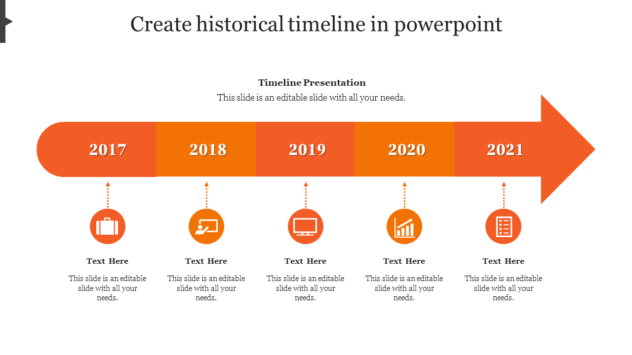 Historical timeline slide with orange gradient from 2017 to 2021, each year paired with icons and text below.