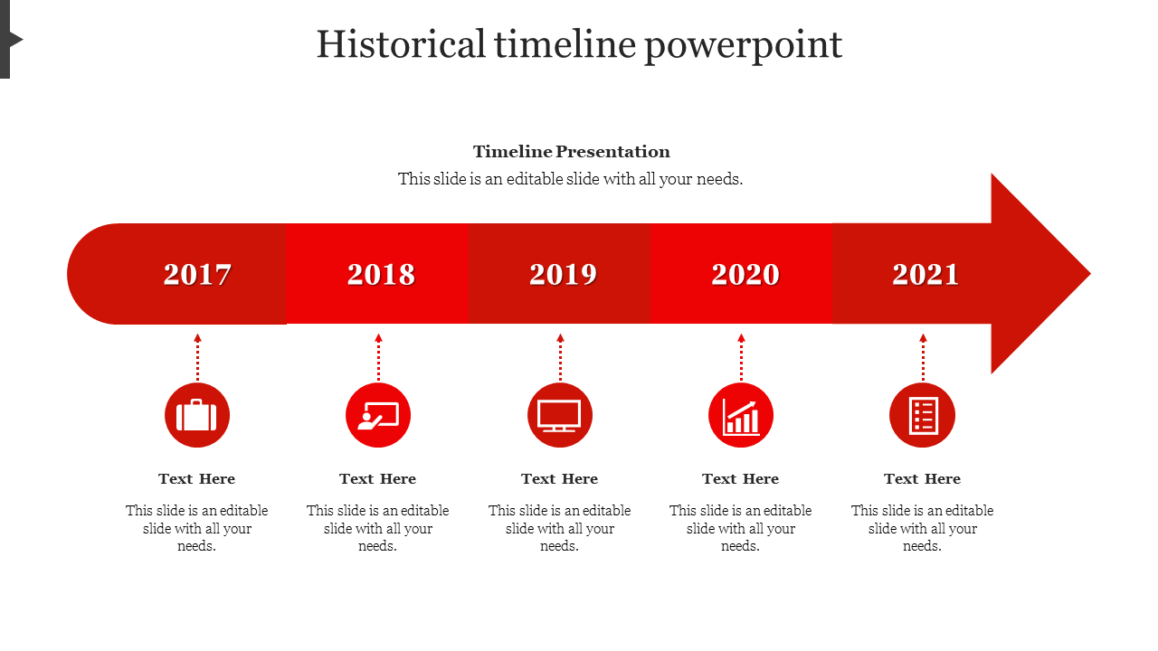 Red horizontal timeline slide with five years from 2017 to 2021, featuring icons for various events and text sections.